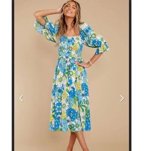 Aura INSPIRING JOY BLUE MULTI FLORAL PRINT MIDI DRESS
